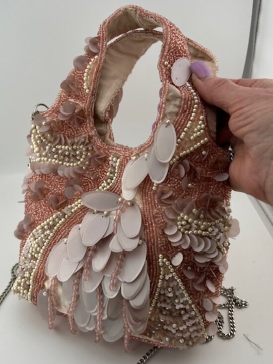 Handbags - Womans Hand-beaded, Dainty Pink Crossbody Bag with Pink beads/white pearl beads